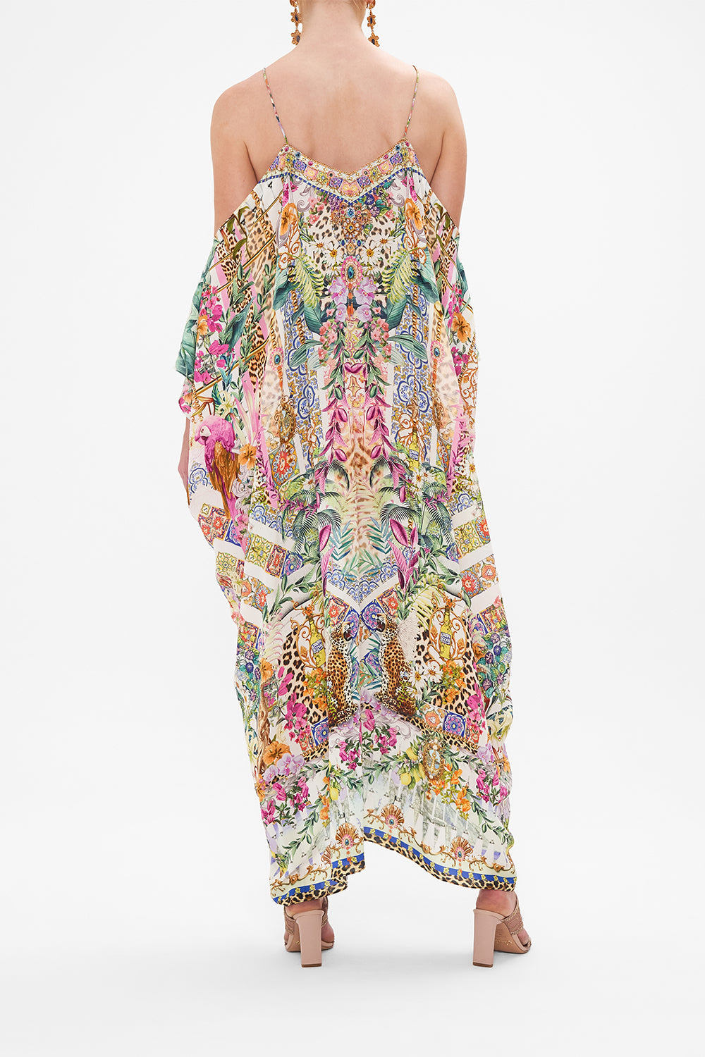 Back view of model wearing CAMILLA resortwear kaftan in Flowers Of Neptune print