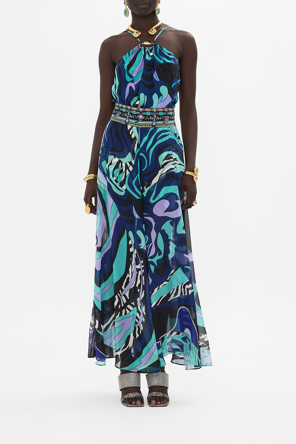 Front view of model wearing CAMILLA sheer silk palazzo pants in Vividly Venice print