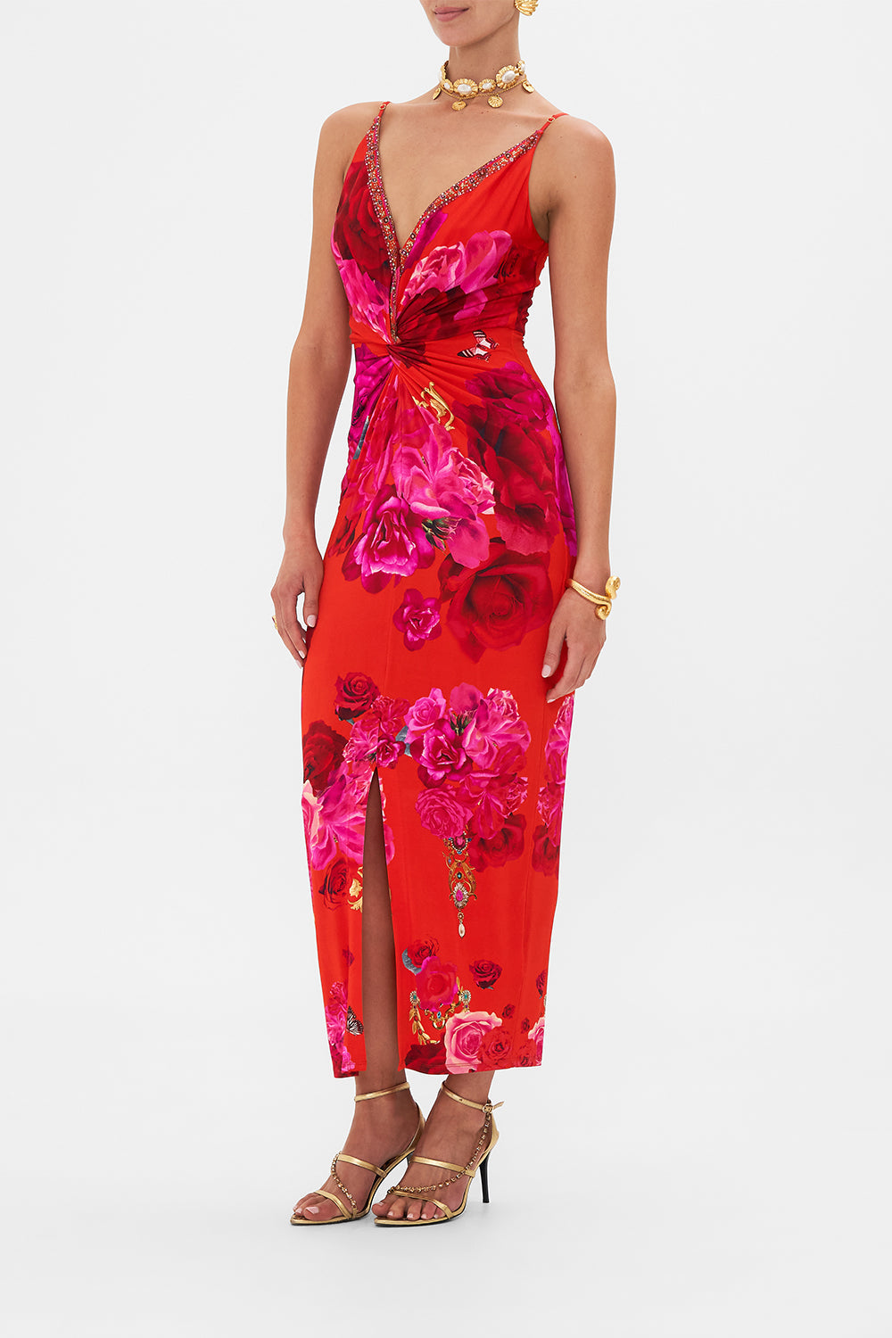 Side view of model wearing CAMILLA floral dress in An Italain Rosa print