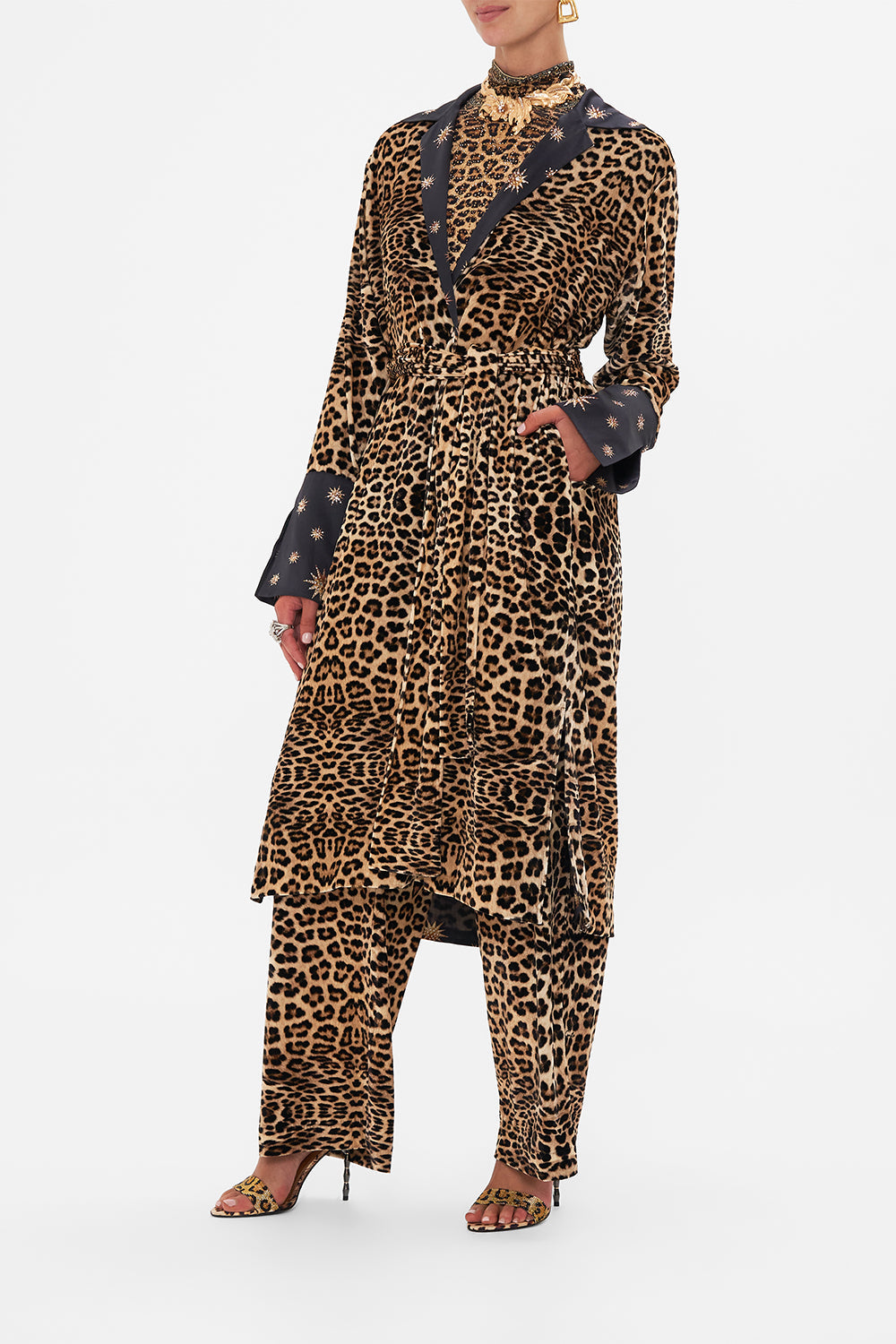 Side view of model wearing CAMILLA silk jacket in Soul of A Star Gazer print