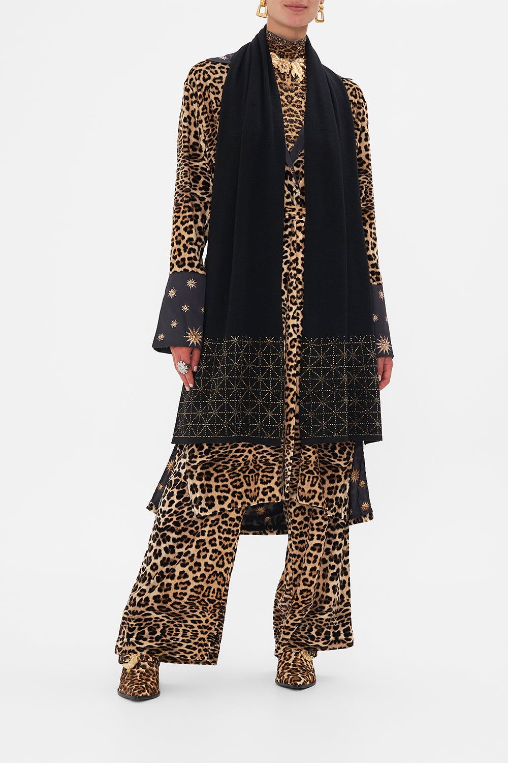 Crop view of model wearing CAMILLA silk jacket in Soul of A Star Gazer print