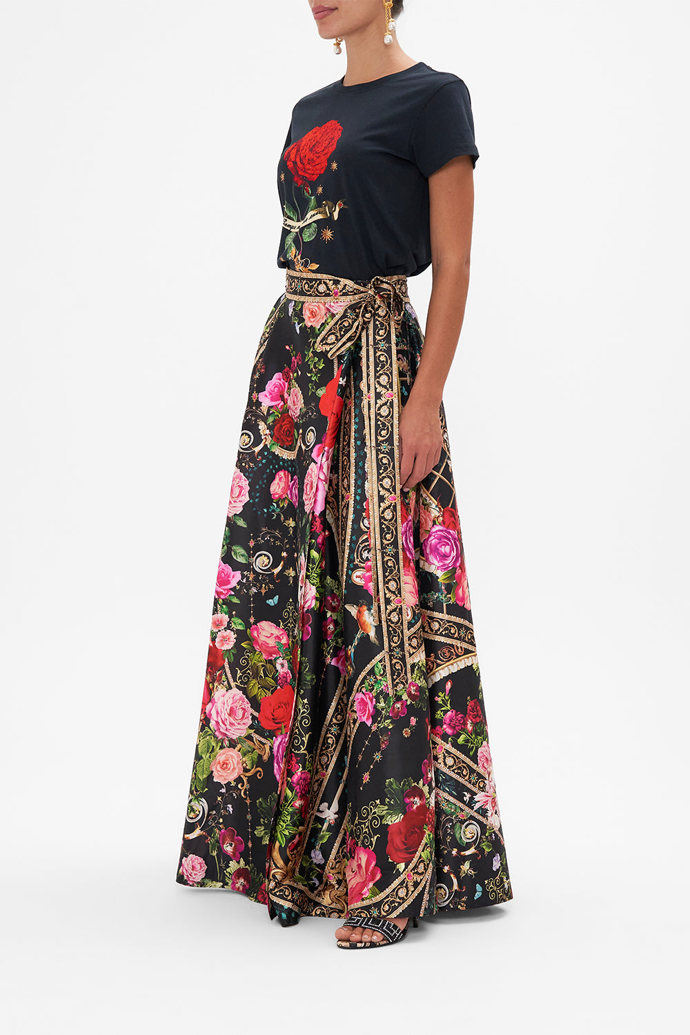 Detail view of model wearing CAMILLA women t shirt in Reservation For Love print