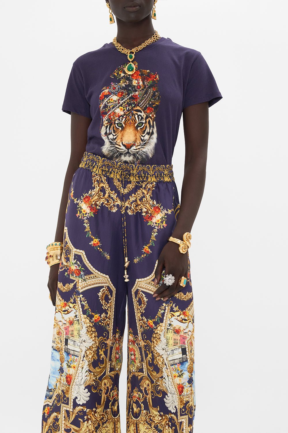 Crop view of model wearing CAMILLA womens t shirt in Venice Vignette print