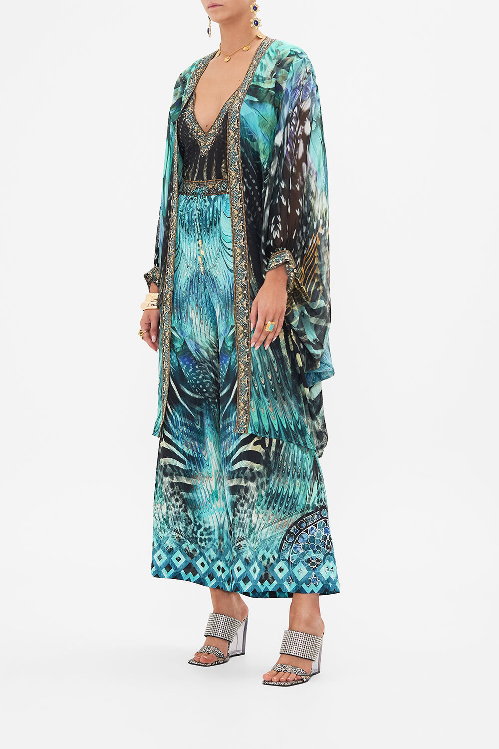 Side view of model wearing CAMILLA silk kimono layer in Azure Allure print