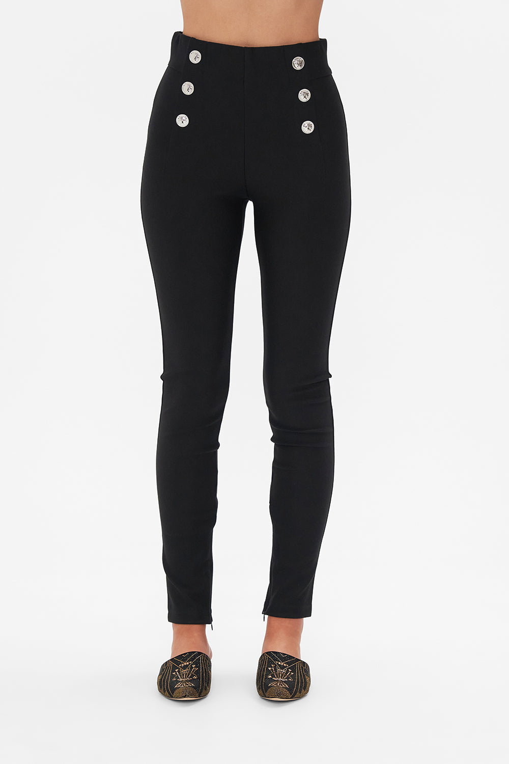 Crop view of model wearing CAMILLA black ponte pants in Chaos In The Cosmos