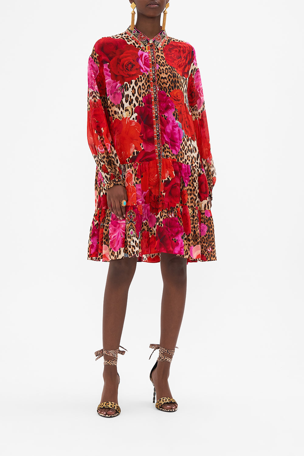 Front view of model wearing CAMILLA floral shirt dress in Heart Like A Wildflower print