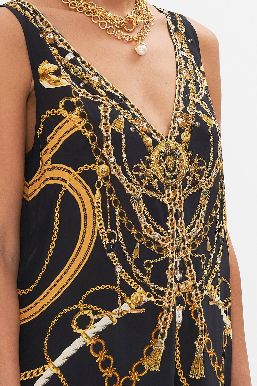 Detail view of model wearing CAMILLA silk jumpsuit in Coast to Coast print