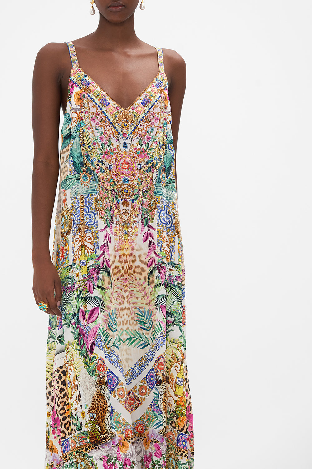 Crop view of model wearing CAMILLA floral silk slip dress in Flowers Of Neptune print