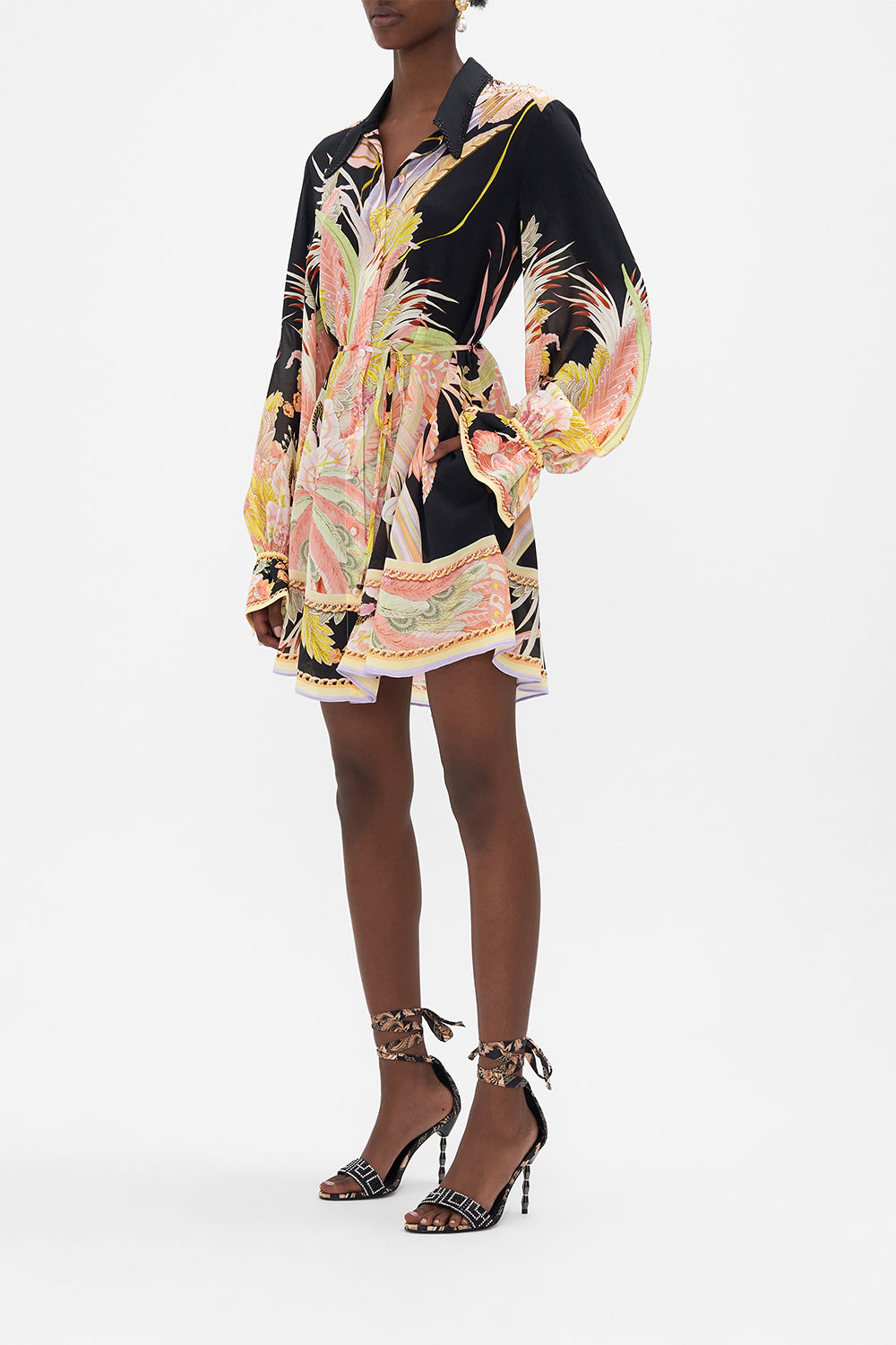 Side view of model wearing CAMILLA silk shirt dress Lady Of The Moon print