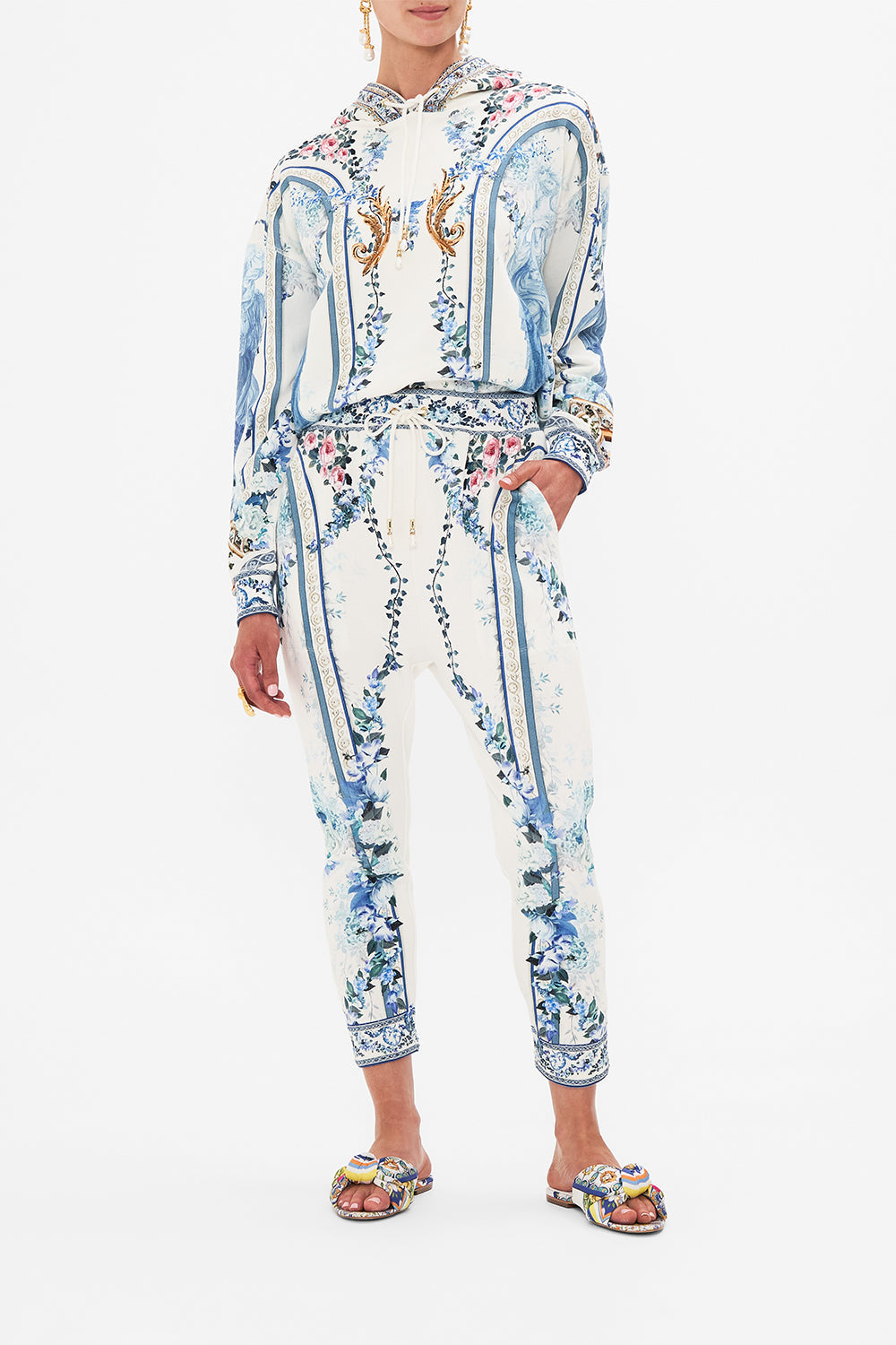 Front view of model wearing CAMILLA designer pants in Season Of The Siren print