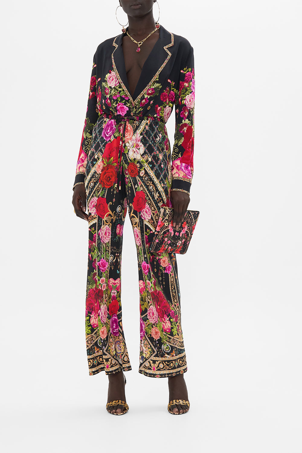 Front view of model wearing CAMILLA drawstring silk pants in Reservation For Love