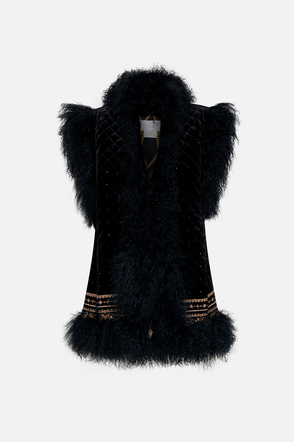 Product view of CAMILLA black fur vest in Untamed Royalty print