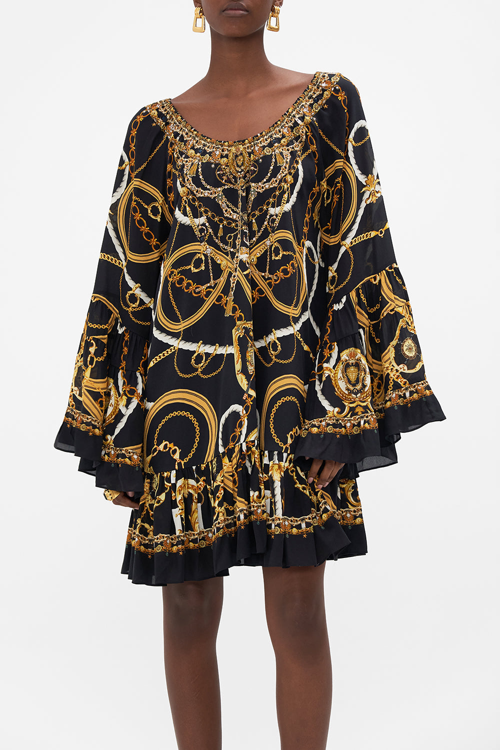 Detail view of model wearing CAMILLA A line silk dress in Coast to Coast print