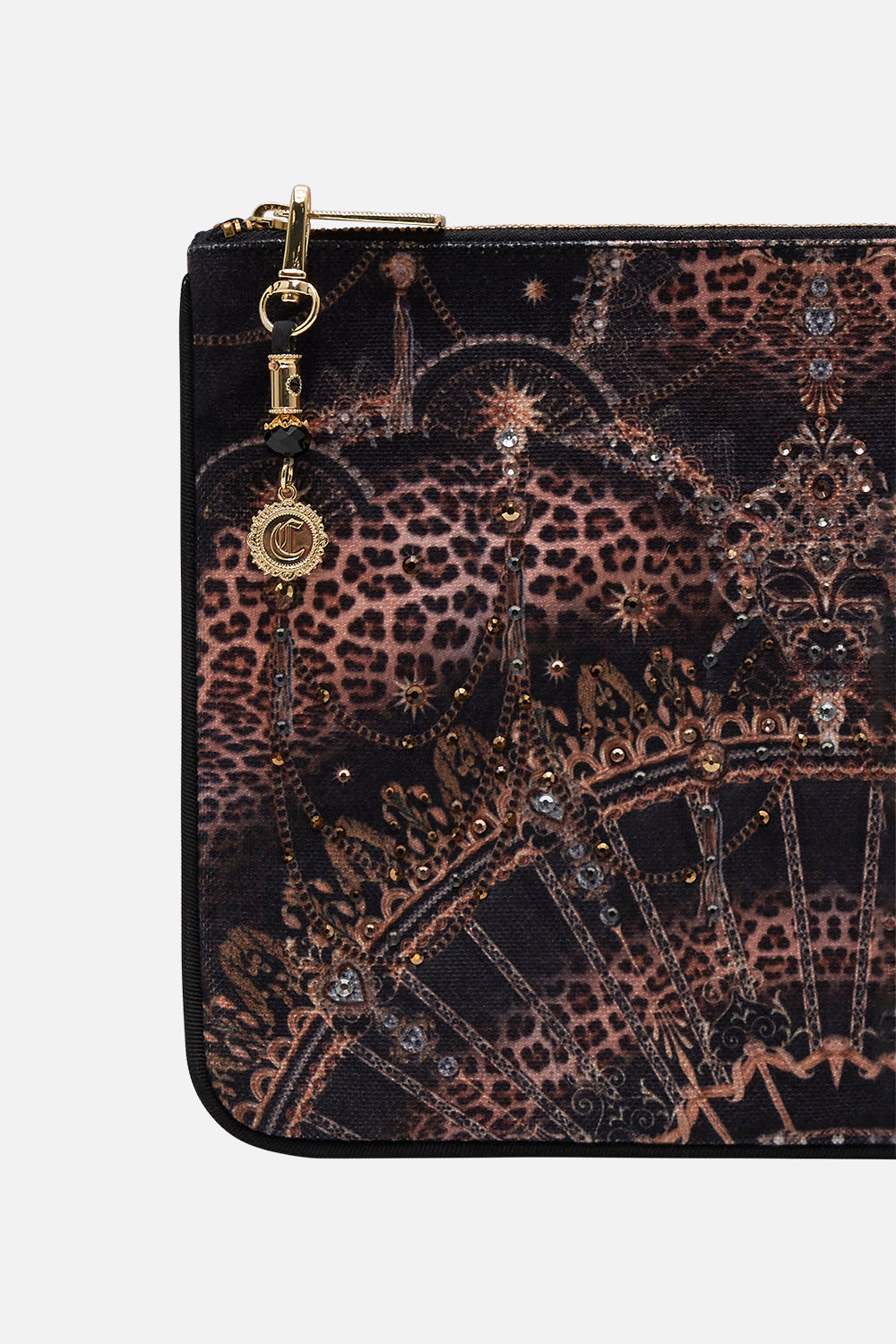product view of CAMILLA designer black and gold clutch in Masked At Moonlight print