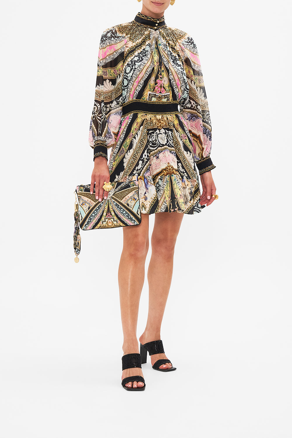 Product view of CAMILLA silk clutch bag in Florence Field Day print