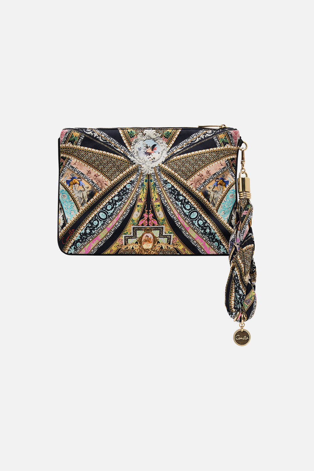 Product view of CAMILLA silk clutch bag in Florence Field Day print