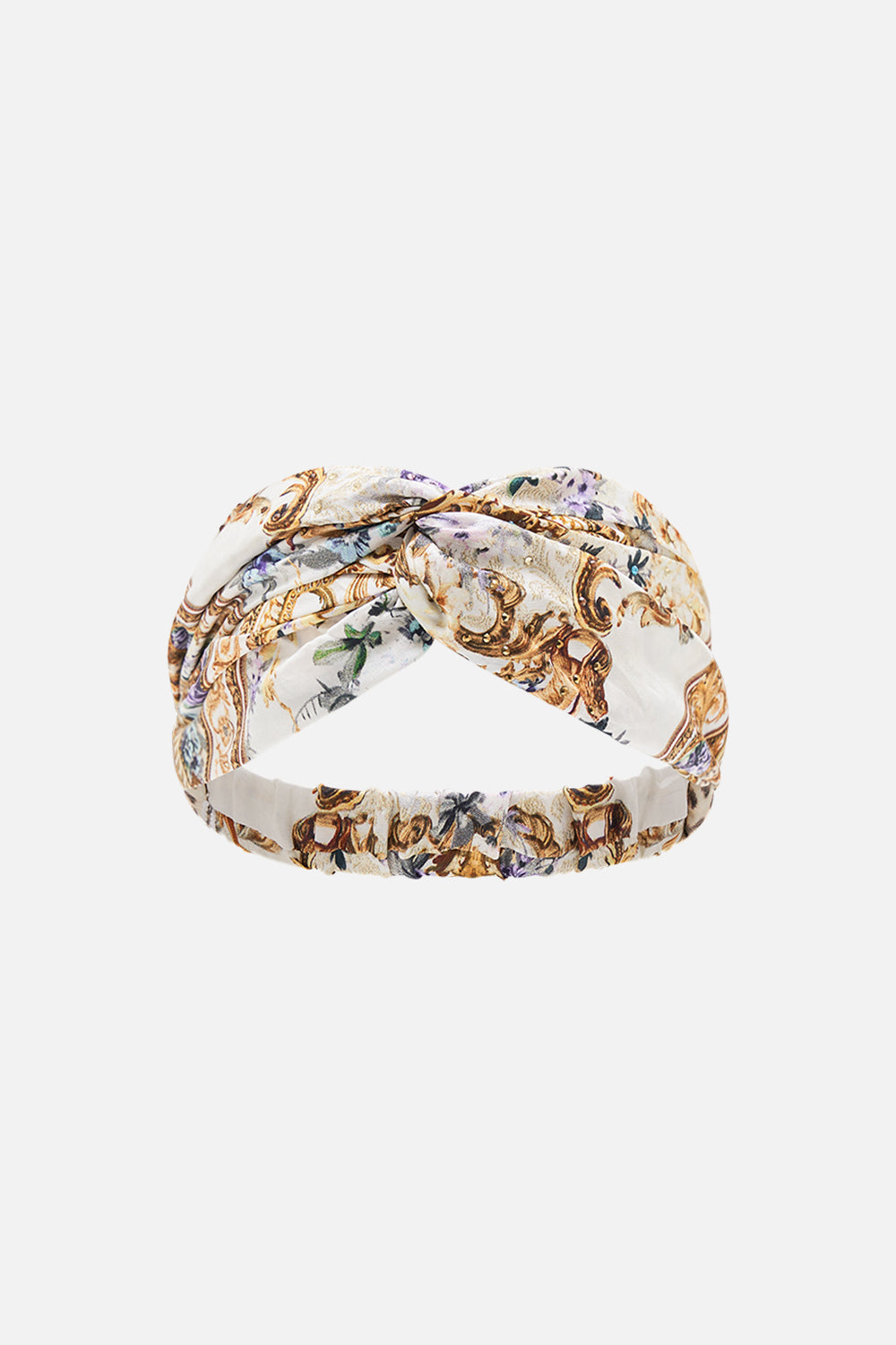 Product view of CAMILLA silk twist headband in Palazzo Playdate Print