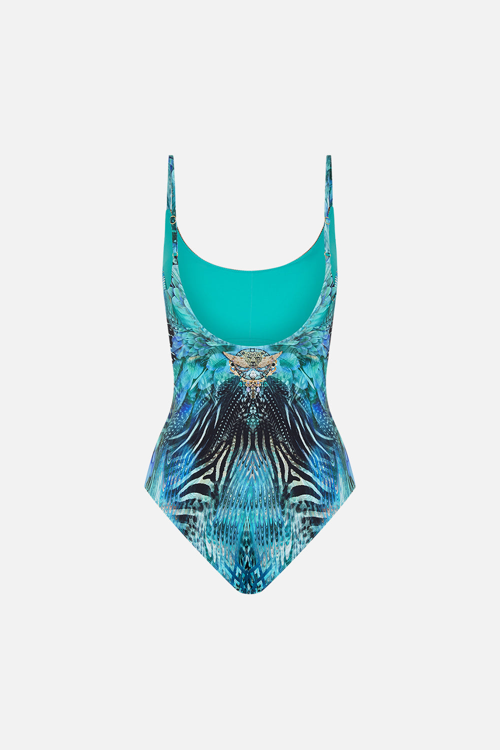 Detail view of model wearing CAMILLA designer one piece swimsuit in Azure Allure