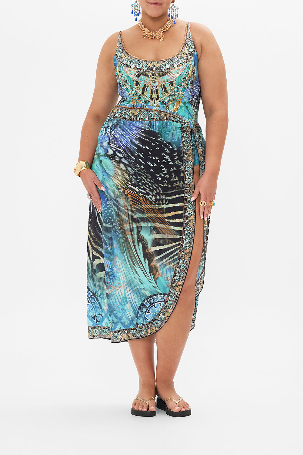 Front view of curvy model wearing CAMILLA plus size one piece swimsuit in Azure Allure print