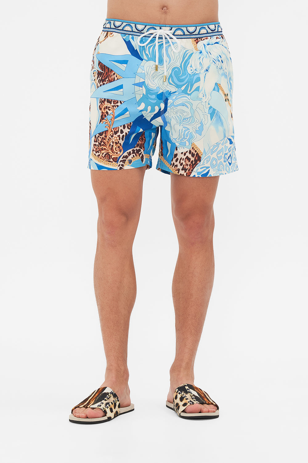 Crop view of model wearing Hotel Franks By CAMILLA mens boardshort in Sky Cheetah print