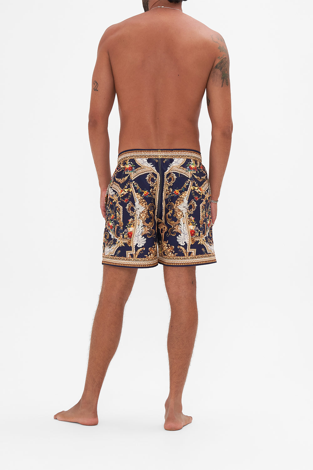 Back view of model wearing Hotel Franks by CAMILLA mens boardshort in Venice Vignette print