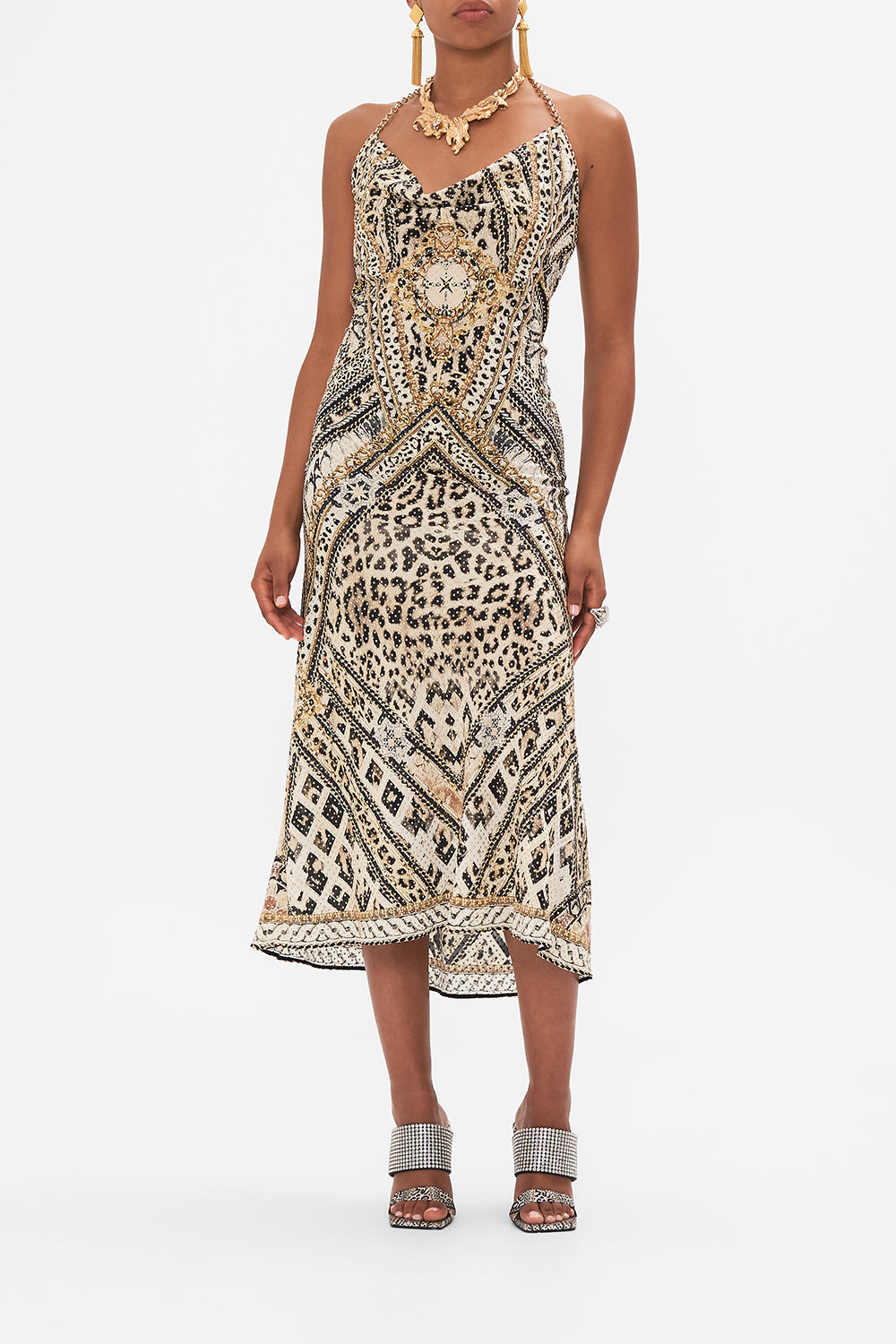 Front view of model wearing CAMILLA bias silk dress in Mosaic Muse print