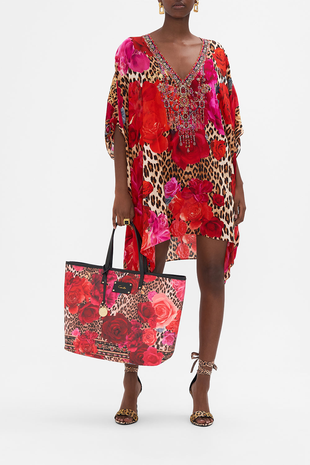 Side view of model wearing CAMILLA floral silk kaftan in Heart Like A Wildflower print