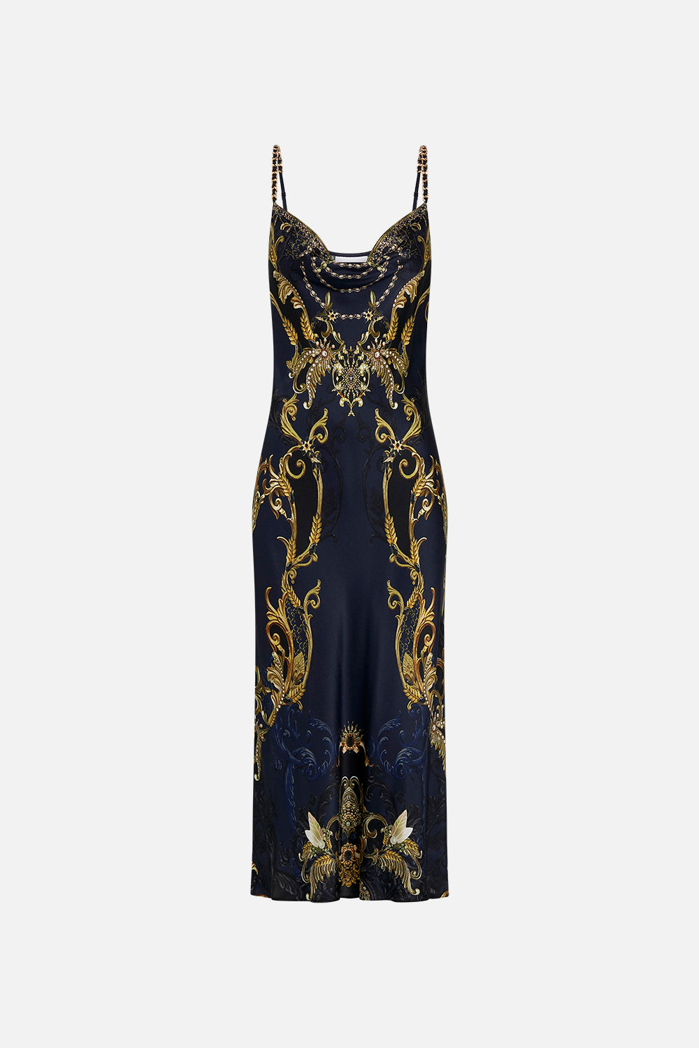 Product view of CAMILLA bias silk slip dress in Moonlight Melodies print