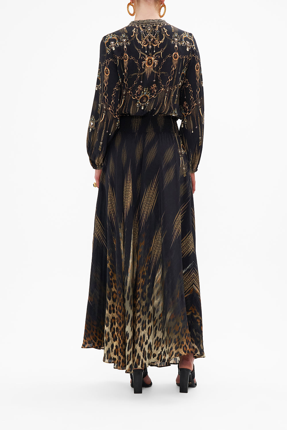 Back view of model wearing CAMILLA silk maxi dress in Jungle Dreaming print