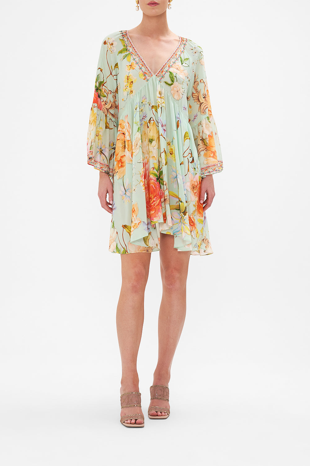 Front view of model wearing CAMILLA floral silk mini dress in Talk The Walk