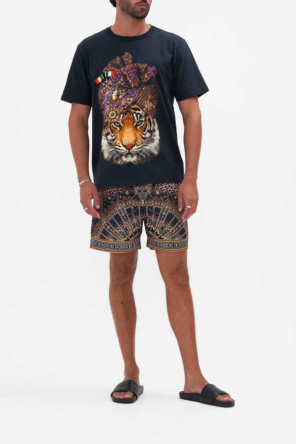 Front view of model wearing Hotel Franks By CAMILLA mens tee in Venice Vignette print