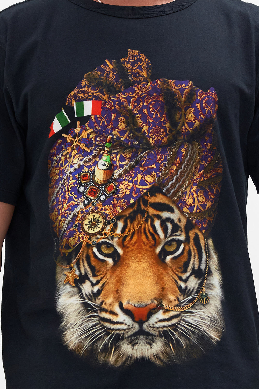 Detail view of model wearing Hotel Franks By CAMILLA mens tee in Venice Vignette print