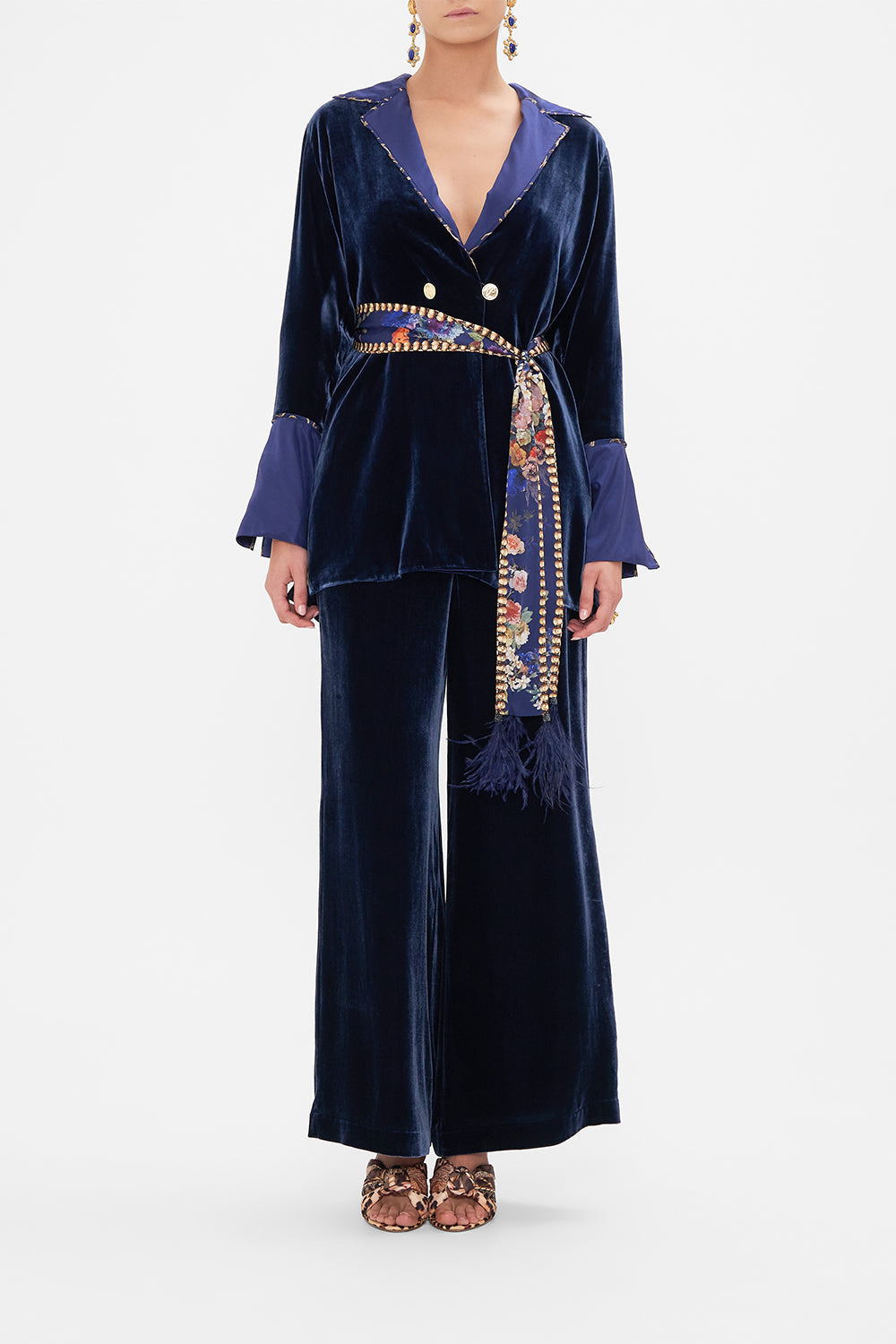 Front view of model wearing CAMILLA velvet jacket in Play Your Cards Right print