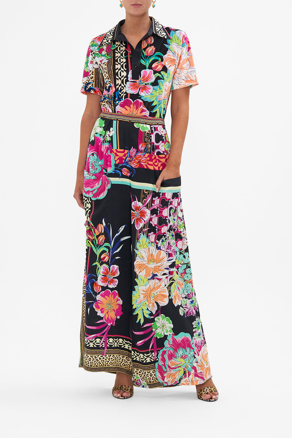 Front view of model wearing CAMILLA silk wide leg pants in Printed Prima Vera print