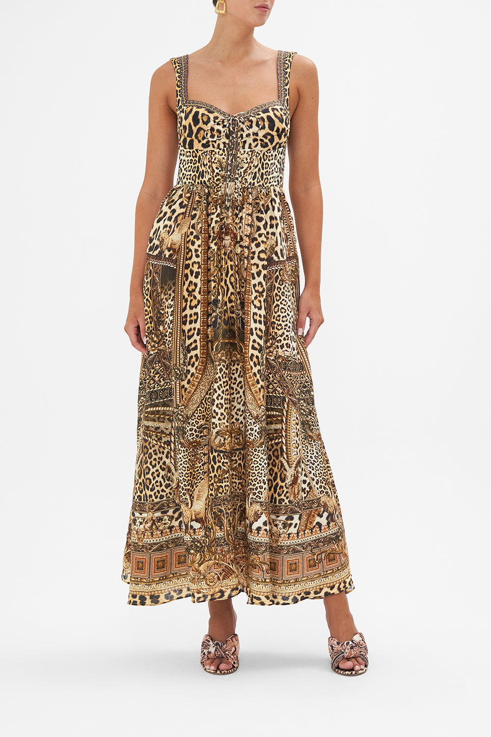 Front view of model wearing CAMILLA leopard print bustier dress in Standing Ovation print