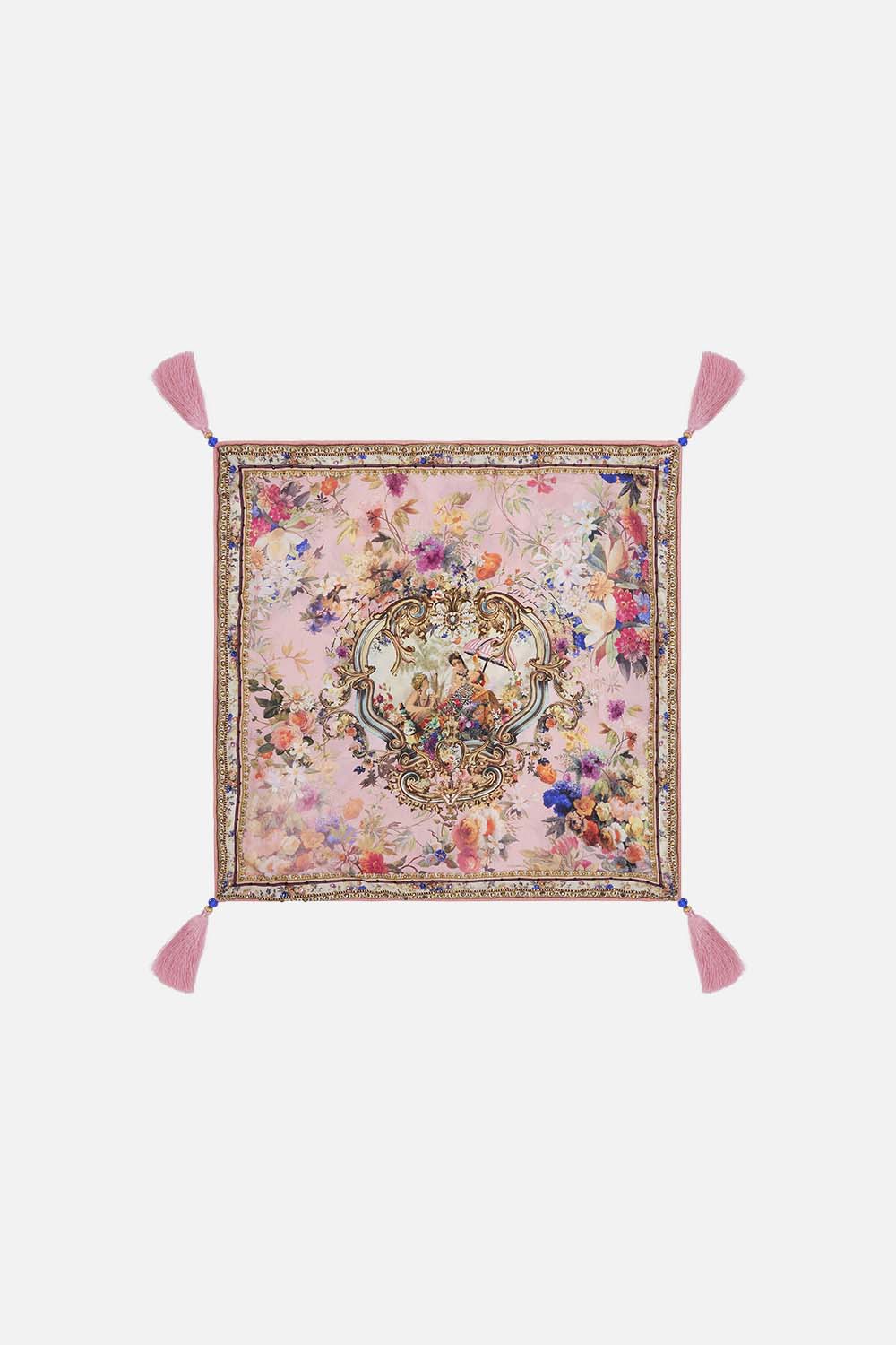 Product view of VILLLA CAMILLA home small square silk cushion in Letters from the Pink Room print