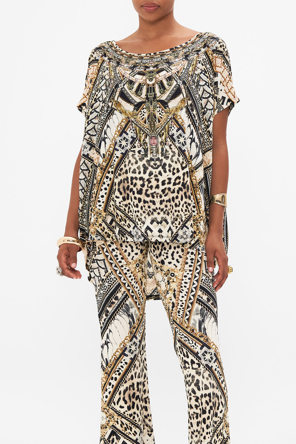 Crop view of model wearing CAMILLA animal print tee in Mosaic Muse