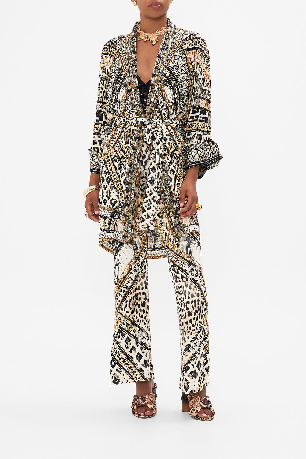 Front view of model wearing CAMILLA animal print robe in Mosaic Muse