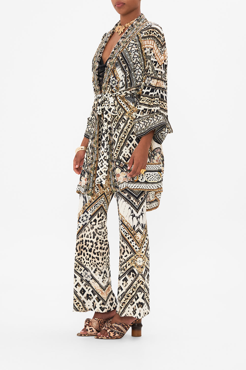 Side view of model wearing CAMILLA animal print robe in Mosaic Muse