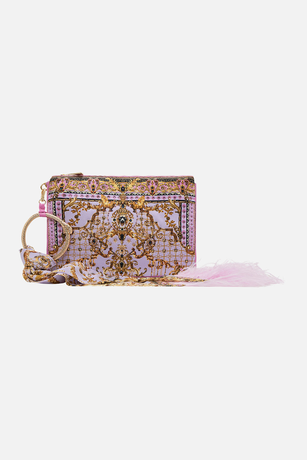 Product view of CAMILLA printed silk clutch in Lavender Ever After print