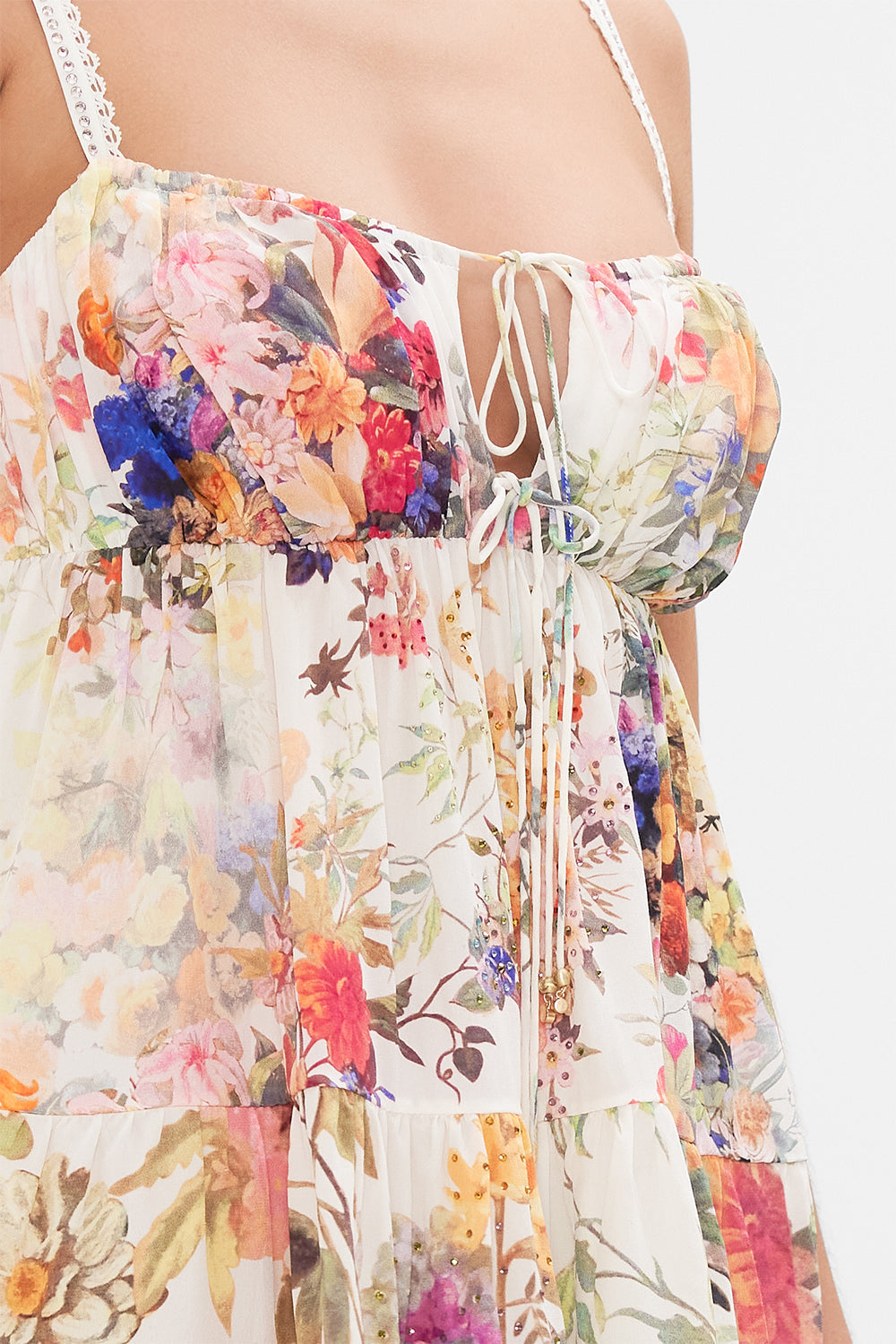 GATHERED BUST TIERED MINI DRESS FRIENDS WITH FRESCOS