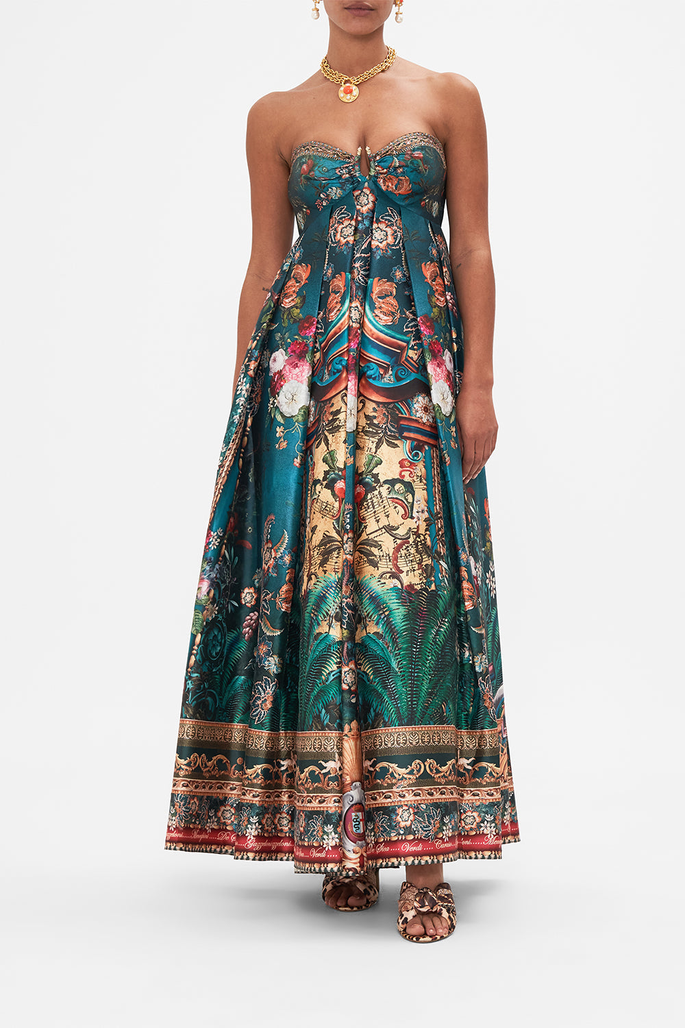 Front view of model wearing CAMILLA long strapless dress in Verdis World print