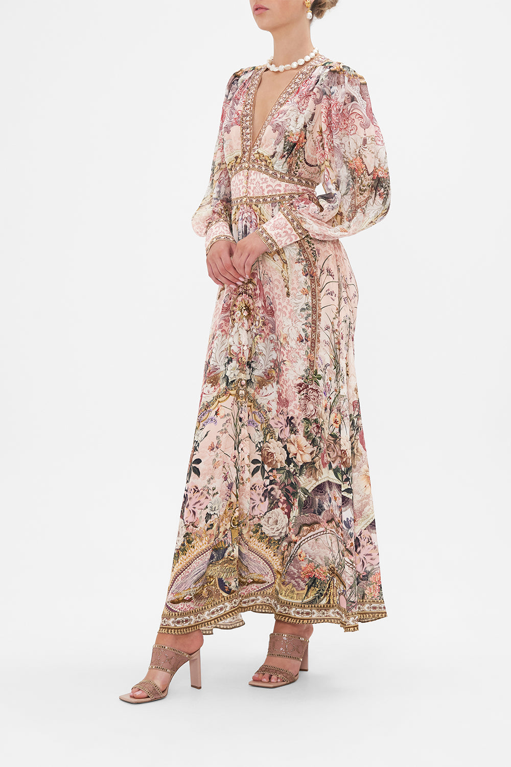 Side view of model wearing CAMILLA silk floral maxi dress in Kissed By The Prince print