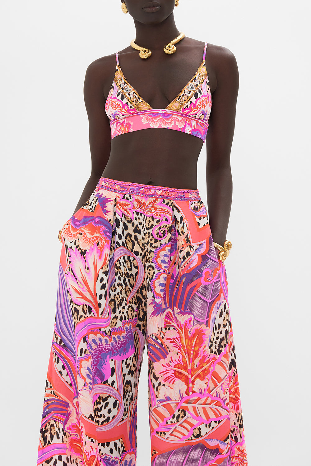 Crop view of model wearig CAMILLA lingerie bra in Viola Vintage print