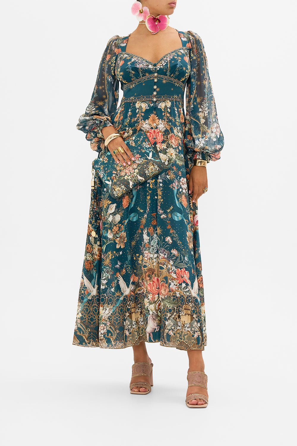 CAMILLA floral silk dress in She Who Wears The Crown print