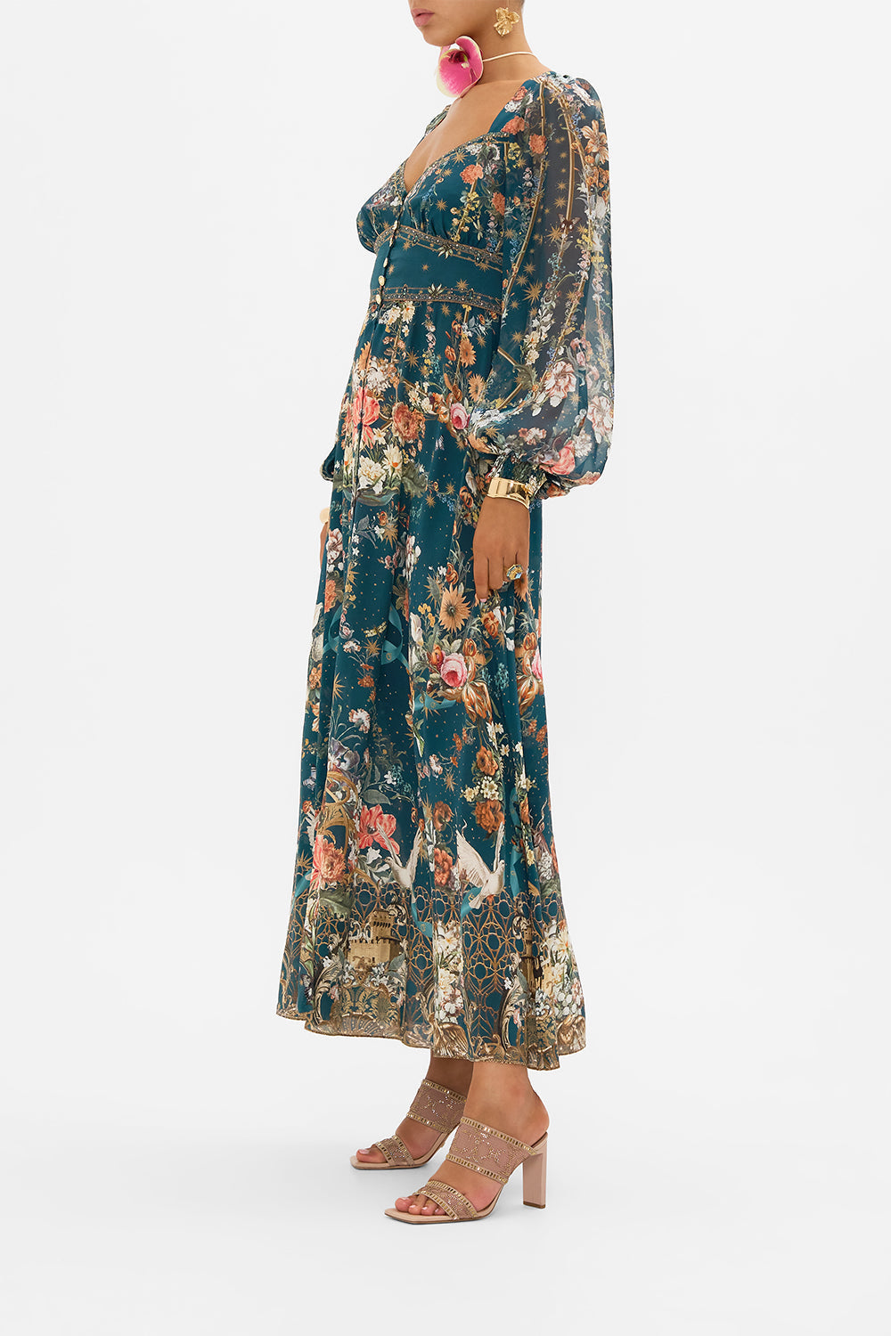 CAMILLA floral silk dress in She Who Wears The Crown print