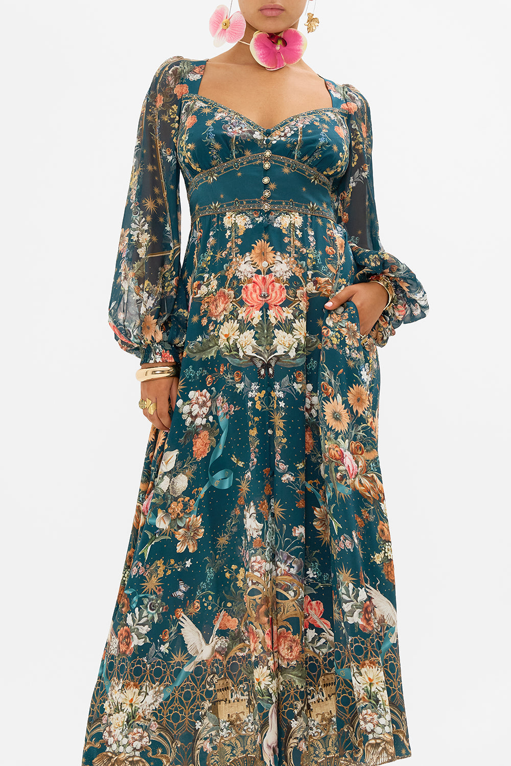 CAMILLA floral silk dress in She Who Wears The Crown print