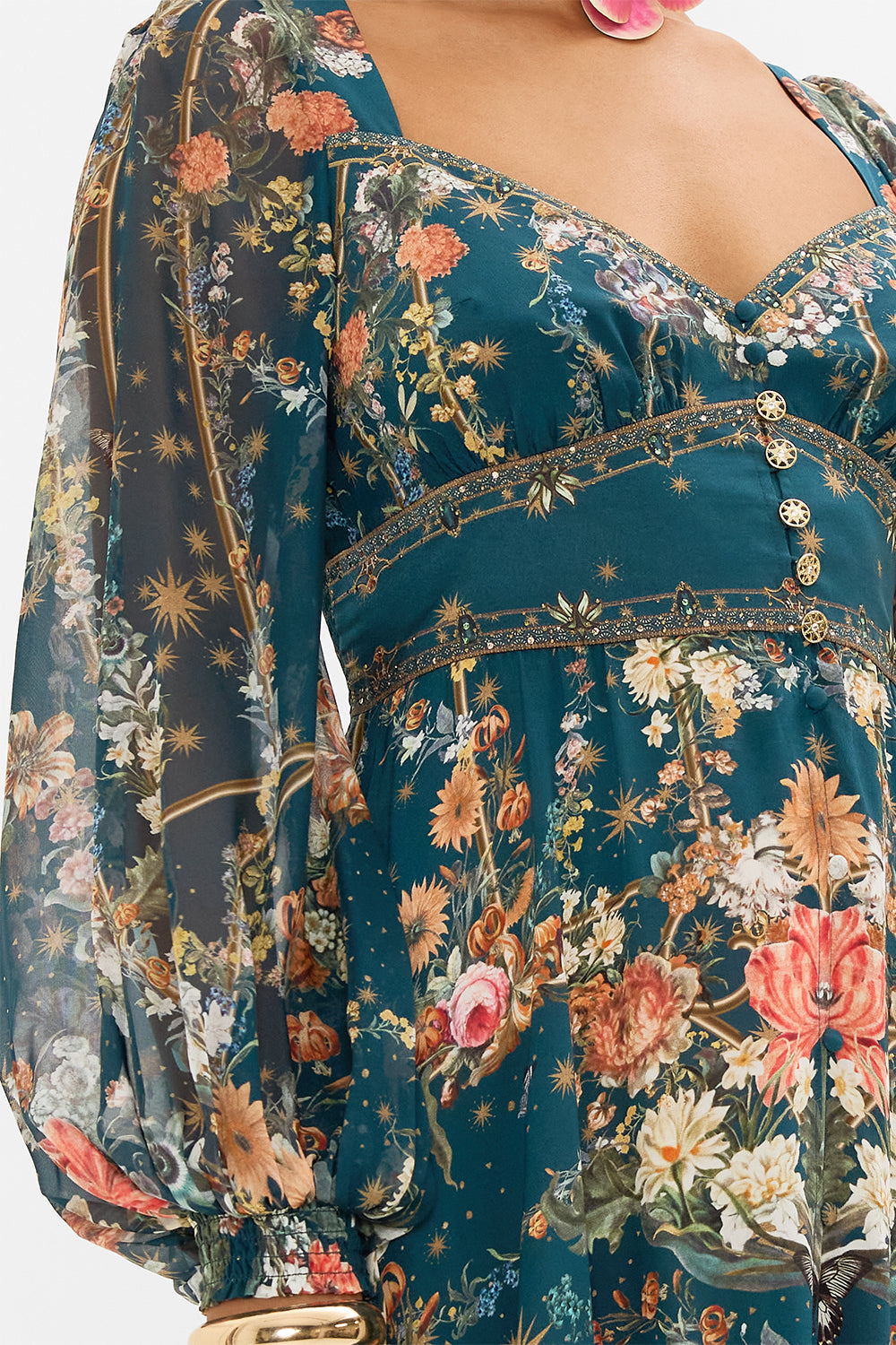 CAMILLA floral silk dress in She Who Wears The Crown print