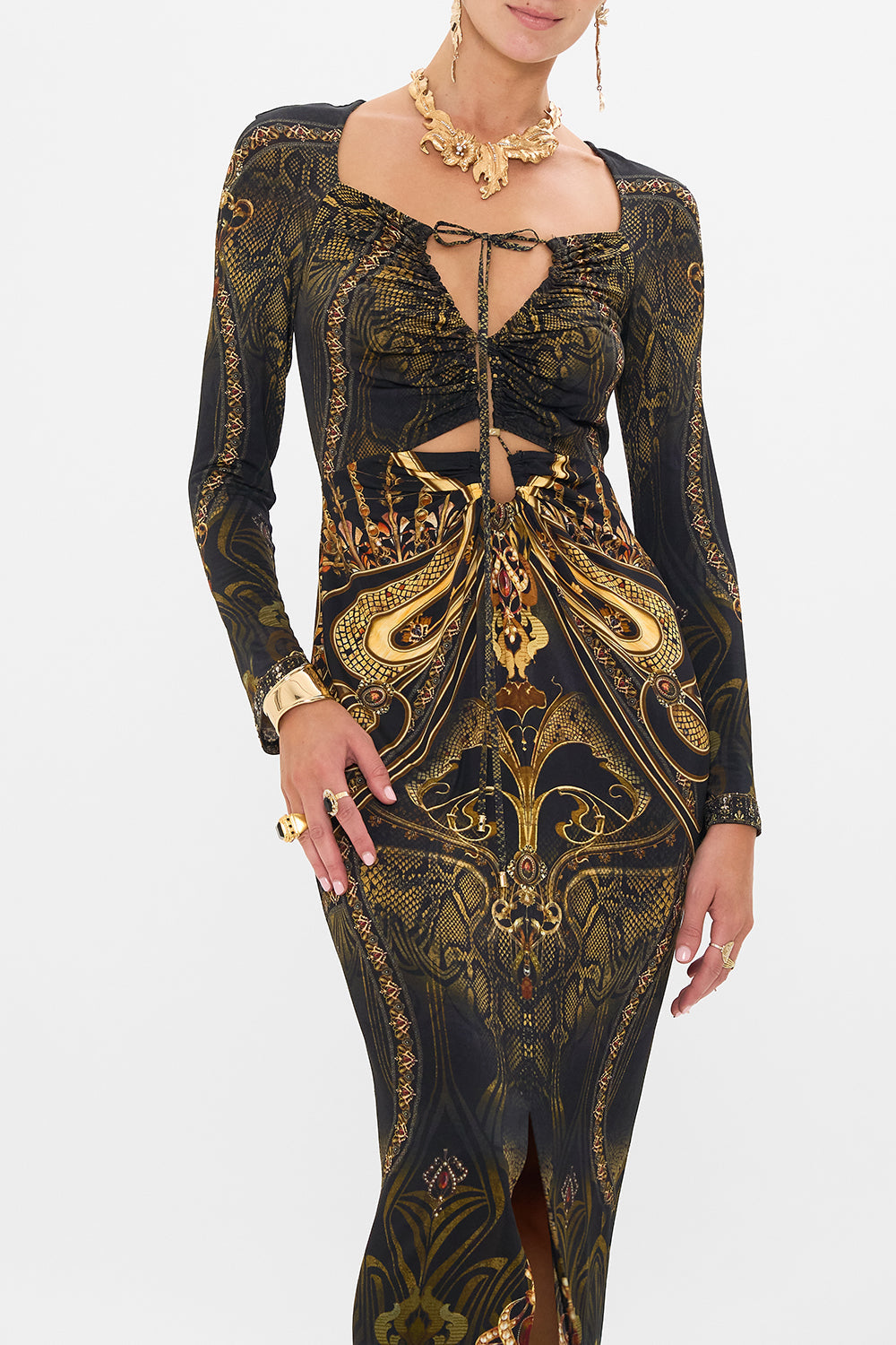 CAMILLA cut out jersey dress in Nouveau Noir print