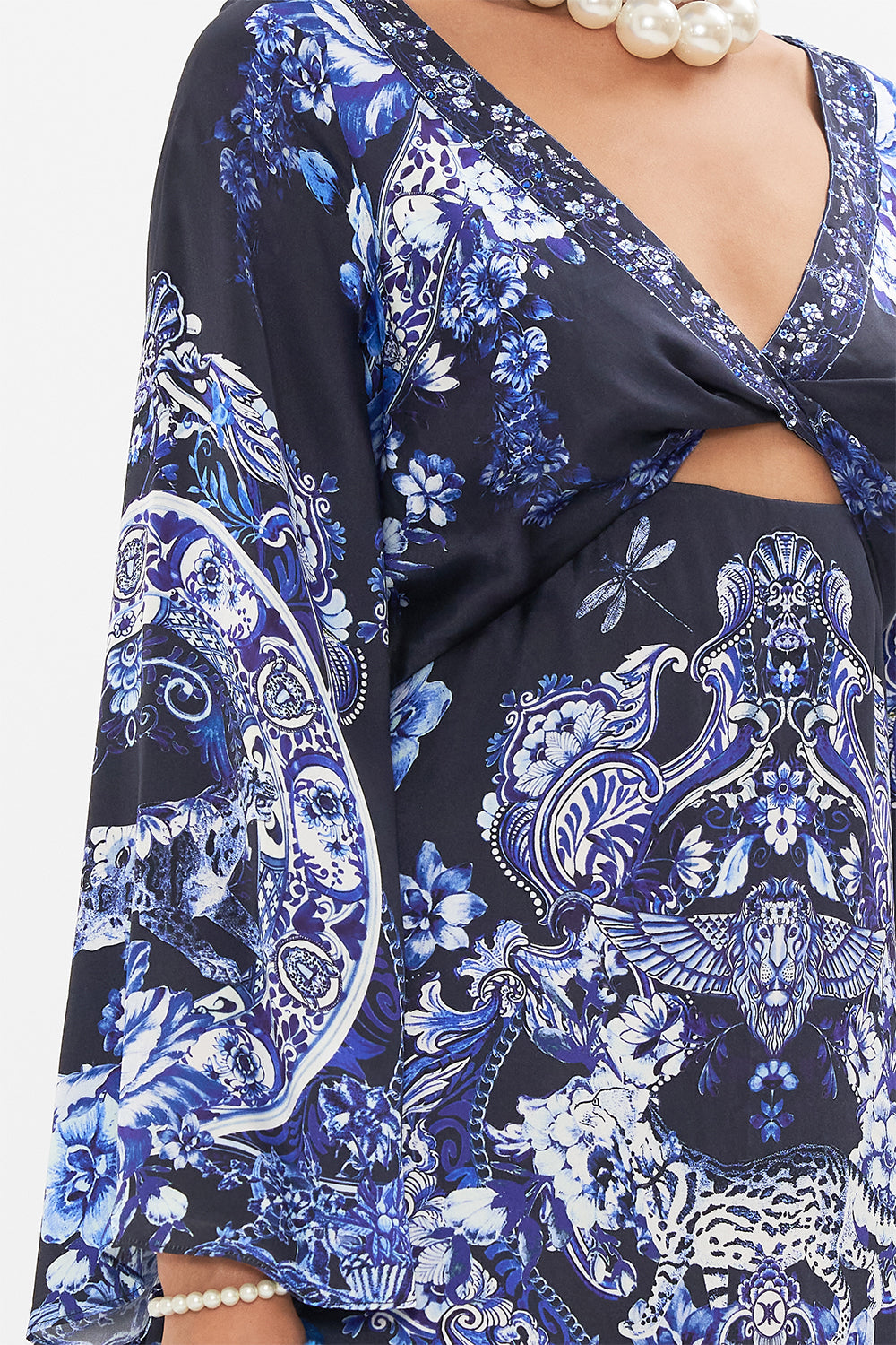 Back view of CAMILLA mini dress in Delft Dynasty print